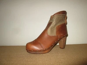 SANITA Etenia Plateau  Brown Leather & Canvas Clog Ankle Boots 3" Heels Sz 42   - Picture 1 of 5