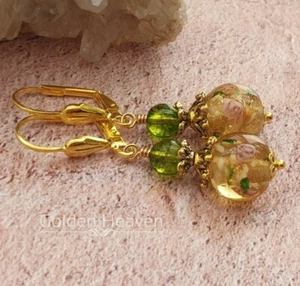 Yellow Amber Lampwork Flower Green Peridot Stone Gold Plated Leverback Earrings - Picture 1 of 3