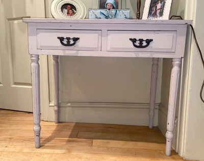 Vintage Leather Top Library Table Side Console Drawers Green Gold Antique Style - Image 1 of 4