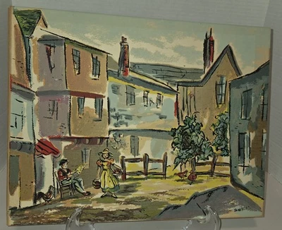 Pintura artística de colección escena de pueblo impresionista sobre papel 10" X 14" Foto 1 de 4