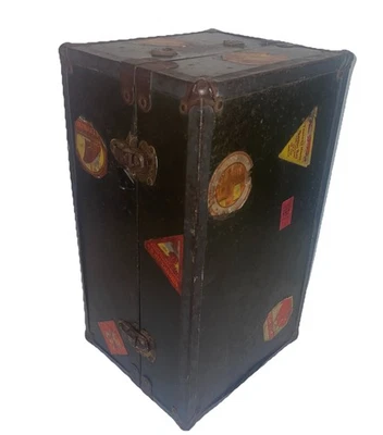 Vtg Green Metal Doll Steamer Trunk Wardrobe Case w/Drawer & hangars 14”x8” - Image 1 of 4