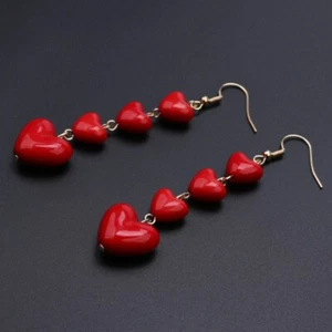 Womens Earrings Long Drop Dangle Hook Red heart - Picture 1 of 3