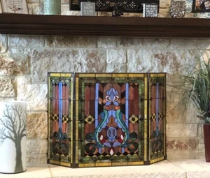 Tiffany Victorian Style Stained Glass Fireplace Screen Foldable 3-Panel Guard - Picture 1 of 5