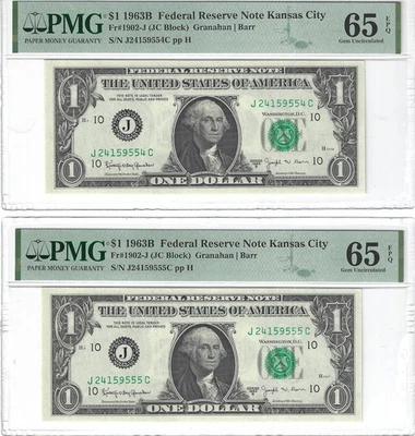 (2) Fr.1902-J 1963B $1 FRN (JC Block) Granahan / Barr PMG 65EPQ Consecutive GEMS - Image 1 of 2