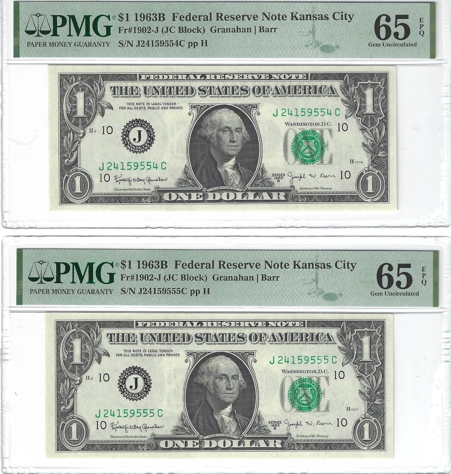 (2) Fr.1902-J 1963B $1 FRN (JC Block) Granahan / Barr PMG 65EPQ Consecutive GEMS - Image 1 of 2