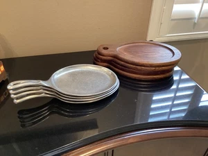 4 Fajita Steak Sizzle Plates – Wood Trays & wilton Aluminum Inserts - Picture 1 of 8