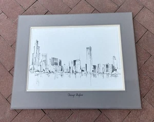 Arte de dibujo firmado paisaje urbano de Illinois Chicago Skyline vintage original 1979 - Imagen 1 de 12