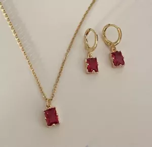 3 Ct EmeraldCut Simulated Red Garnet Women's Jewelry Set 14K Yellow Gold Plated - Picture 1 of 3