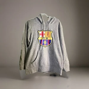 Barcelona Men Sweatshirt Small Gray Hoodie Logo Graphic Pockets Long Sleeve - Picture 1 of 8