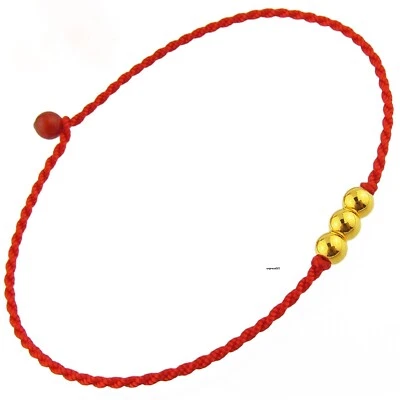 Pure 999 24k Yellow Gold 3mm Beads Red Cord Braided Twist Women Bracelet Anklet - Image 1 of 4