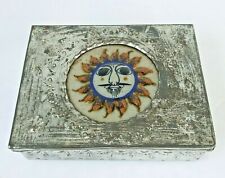Vintage Mexico Handmade Metal Trinket Box 3D Painted Sun Face Ceramic Tile