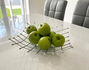 Fruit Bowl Basket Veg Holder Display Square Silver Chrome Dining Table Kitchen - Picture 1 of 5