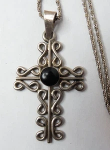 COLLAR COLGANTE CADENA ÓNIX PLATA ESTERLINA VINTAGE 18" Y CRUZ HECHA A MANO 52MM, - Imagen 1 de 4