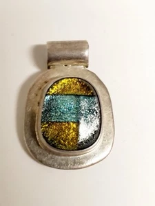 Pendant - Sterling silver multicolor blue green dichroic glass jewelry .925 gift - Picture 1 of 3