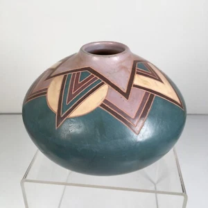 Vintage Southwest Style Pottery Vase Signed Turquoise Geometric Pattern - Picture 1 of 7