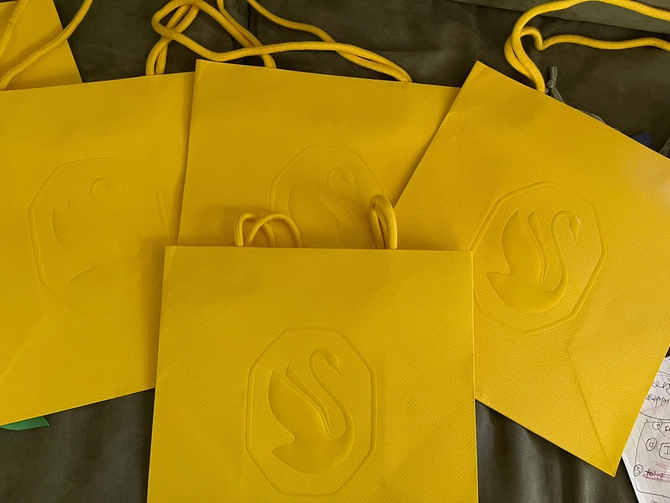 New Swarovski Yellow Paper Gift Shopping Bag Size 10.5x10.5x6 inches Lot of 3