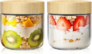 2 Pack 10Oz Overnight Oats Containers with Bamboo Lids, Glass Jars with Airtight - Picture 1 of 8