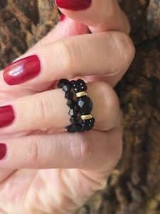 Beaded Stretch Elastic Gold Black Tone Band Stacking Rings Set Of 2 - Picture 1 of 4