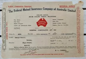 1927 Workers Comp. renewal notice for THE FEDERAL MUTUAL Insurance Co Ltd VGC - Picture 1 of 2