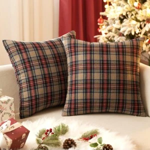 Christmas Khaki Tartan Plaid Throw Pillow Covers 18x18 Inch Decorative Scotti... - Picture 1 of 6