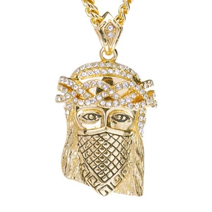 Herren Hip Hop plattiert Iced CZ Jesus Maske Anhänger 24" Kubanische Kette Halskette CPB 7284 - Bild 1 von 7