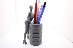 Pen Pencil Marker Brush Desktop Beautiful Woman Tire Stack Figure Holder Stand - Picture 1 of 11