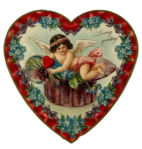 Antique Victorian Embossed Die-Cut Heart Valentine Card Winged Cherub 1880s - Picture 1 of 3