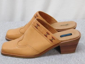 Nicole Shoes Womens Size 8.5M Tan Leather Mule Western Heels Slip On Block Heel - Picture 1 of 10