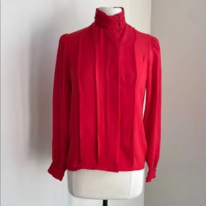 VINTAGE OSCAR DE LA RENTA Blouse Womens Sz Medium Red Pleated Front Button Neck - Picture 1 of 8