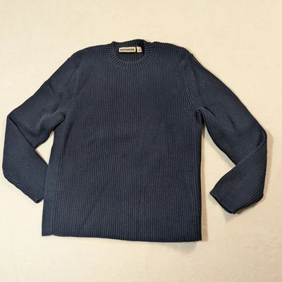 Express Mens L Navy Blue Sweater Ribbed Pullover Crew Neck Cotton - Image 1 of 4