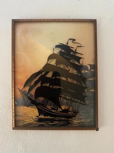 Vintage Art Deco Ship Ocean Silhouette Reverse Painted Convex Glass 4"x5" - Picture 1 of 4