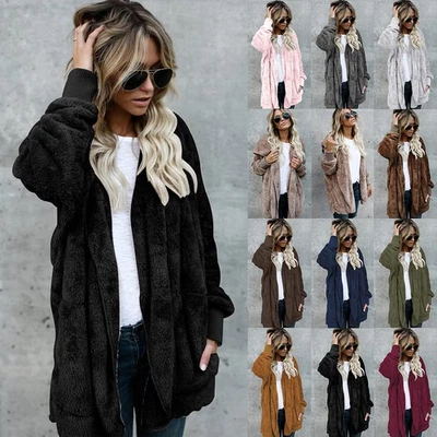 Ladies Teddy Bear Fluffy Coat Loose Warm Hooded Fleece Jacket Cardigan Plus Size - Image 1 of 4