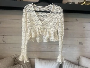Cárdigan Bolero Margarita Vintage Encaje Volantes Blanco Hecho a Mano Años 60’s Boho Granny - Imagen 1 de 12