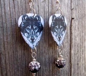 Black and White Wolf Guitar Pick Earrings with Black Ombre Pave Beads - Picture 1 of 3