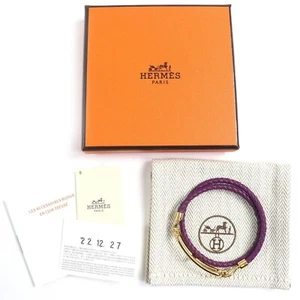 Hermes LF0262 Le Lis de Bru Tour Gold Hardware Leder Armband Armreif Lila - Bild 1 von 10