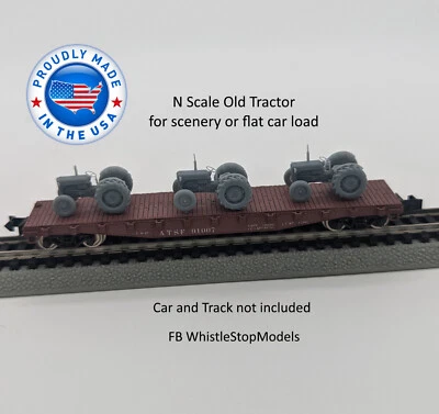 N Scale Set of 3 Old Tractors flat car load N9007 - Image 1 of 4