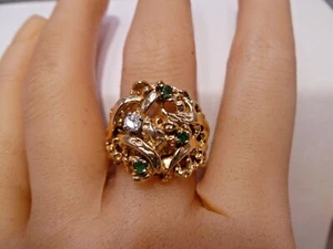 1980s 14k Yellow Gold Nugget Ring Diamond & Emeralds Handmade Vintage - Picture 1 of 9