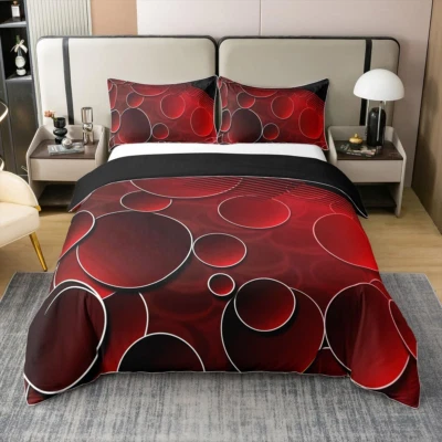 Red and Black Duvet Cover 100% Cotton Queen Size Kids Circle Comforter Cover Set - Image 1 of 4