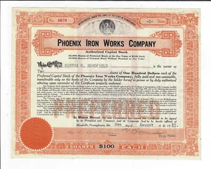 WISCONSIN 1922 Phoenix Iron Works Company Stock Certificate - Picture 1 of 2