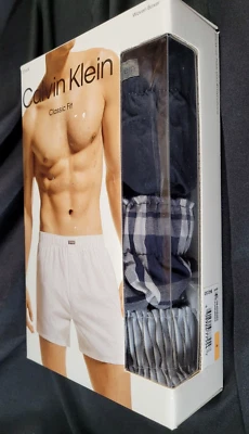 Calvin Klein 3 Pk Woven Boxers Small Classic Fit, Navy Blue Solid Plaid Striped - Image 1 of 4