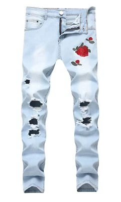 Pantalones de mezclilla elásticos estampados rosas rasgados ajustados azul claro para hombre Foto 1 de 4