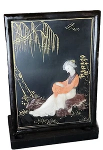 CARVED SOAPSTONE BLACK LAQUERED PANEL WITH GEISHA 8X10 - Picture 1 of 3
