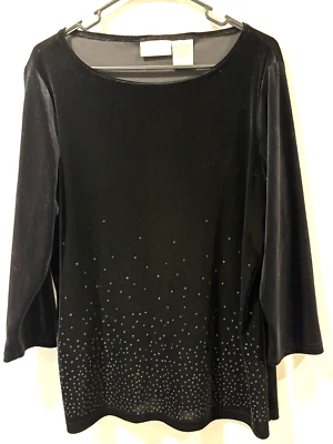 Holiday Pretties--Christie & Jill Womens XL Black Velour Top Sequins 3/4 Sleeves Foto 1 de 4