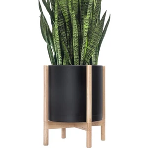 Planter Pot with Stand - 14 Inch Plastic Cylinder Flower Pot with Wood Plante... - Picture 1 of 6