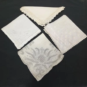 4pc Lot Vtg Handkerchief Hankies Bridal Embroidery Crochet Lace Drawn Thread... - Picture 1 of 21