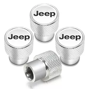Jeep in White on Shining Silver Aluminum Tire Valve Stem Caps - Picture 1 of 4