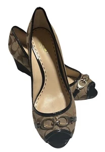 COACH Womens Khaki/Chestnut Wedge Platform Open Toe Shoes SIZE 9.5 B - Picture 1 of 5