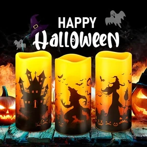 3 Pack Halloween Candles Flameless Flickering, Battery Werewolf, Castle, Witch - Picture 1 of 4