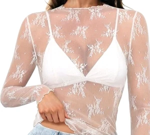 HOTOUCH Women Mesh Sheer Long Sleeve Layering Top Mock Neck White M NWT! - Picture 1 of 2