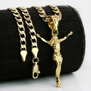 Collar de Oro 14k chapado Colgante de Cruz Jesus Cadena Cubana gargantilla 20" - Picture 1 of 7